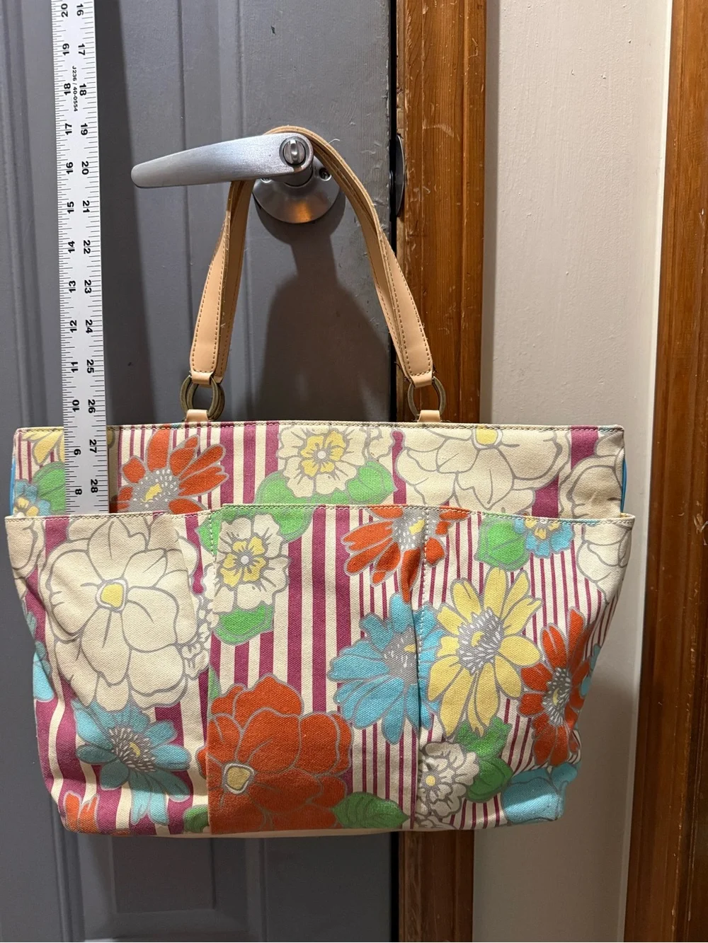 Vintage Y2K Tommy Hilfiger-Floral Stripe Canvas Tote Bag in Multicolor